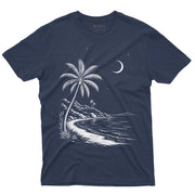 Moonlit Tropical Shore men’s navy crew neck tee with white palm beach crescent moon line artwork