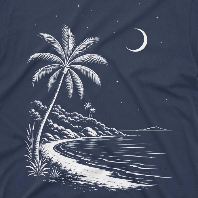 Moonlit Tropical Shore Men’s Crew Neck Tee GeekCove Apparel