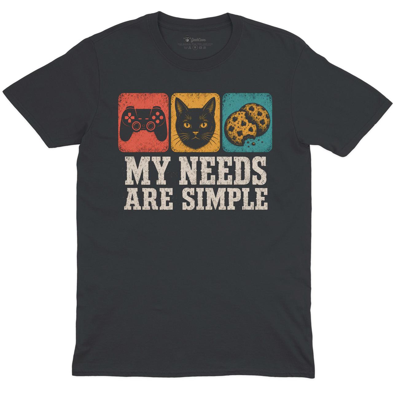 My Needs Are Simple Men’s Crew Neck Tee in BLACK with GeekCove graphic print product mockup