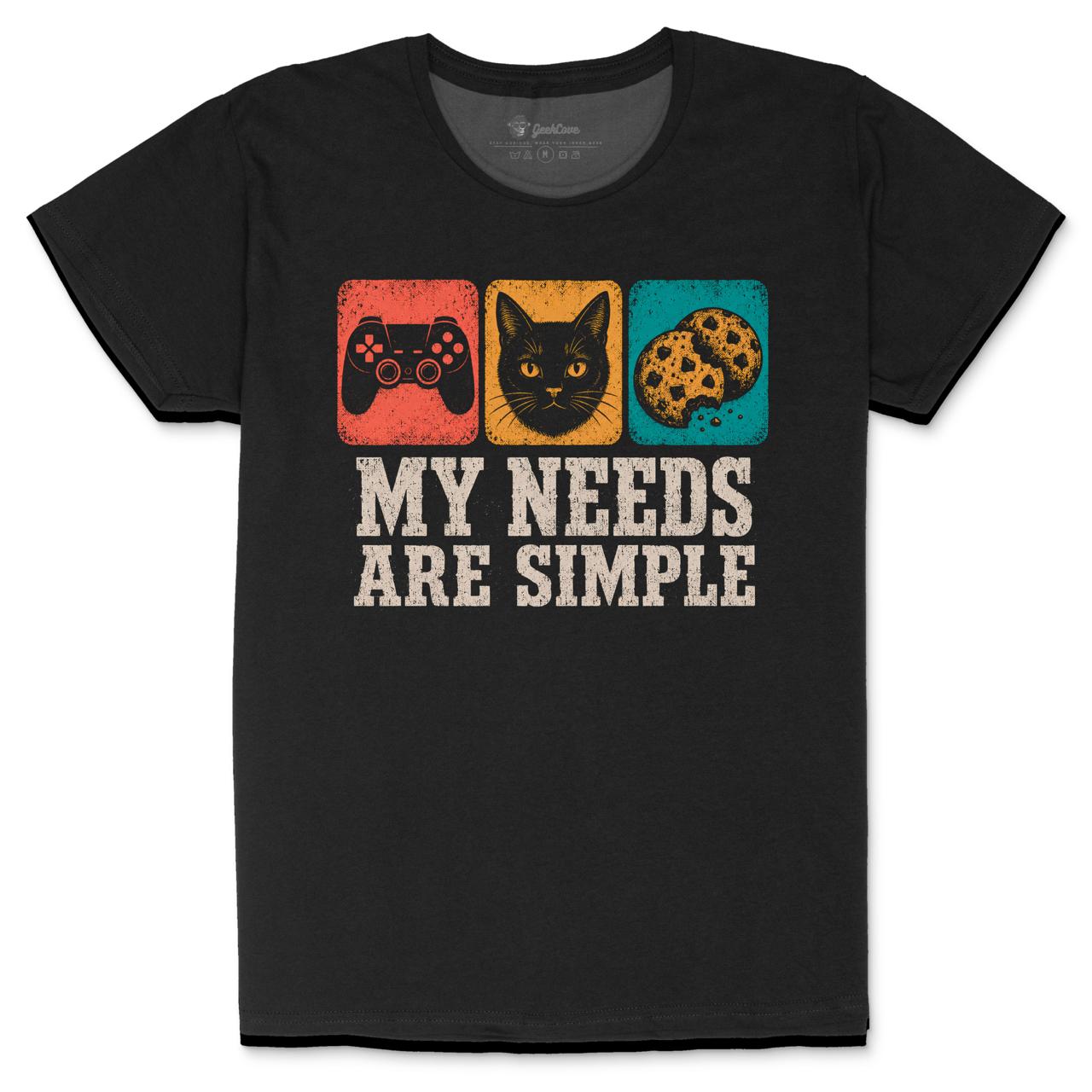 My Needs Are Simple Women’s Crew Neck Tee in BLACK with GeekCove graphic print product mockup