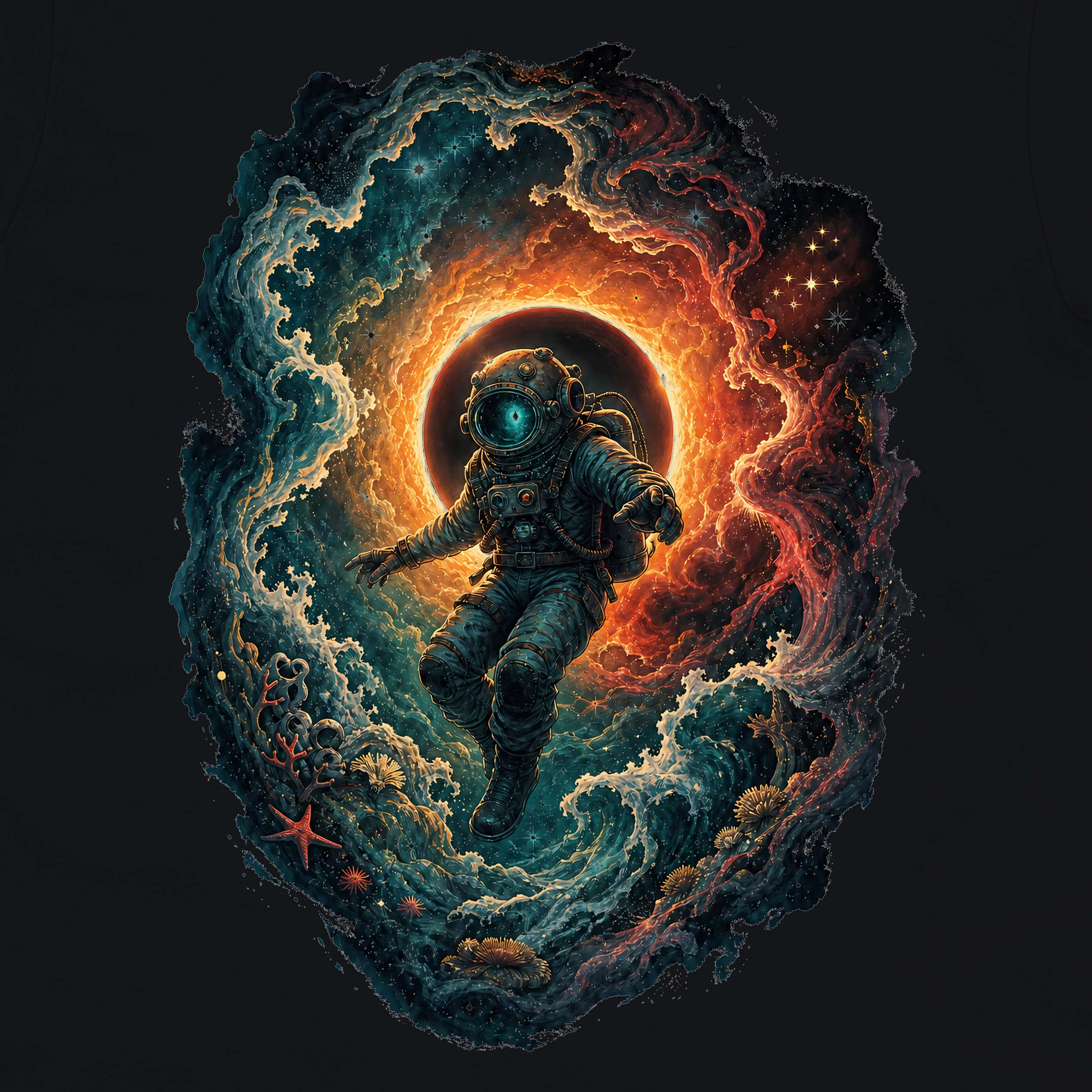 Nebula Tide Diver Crew Neck Tee artwork close-up - cosmic ocean diver artwork