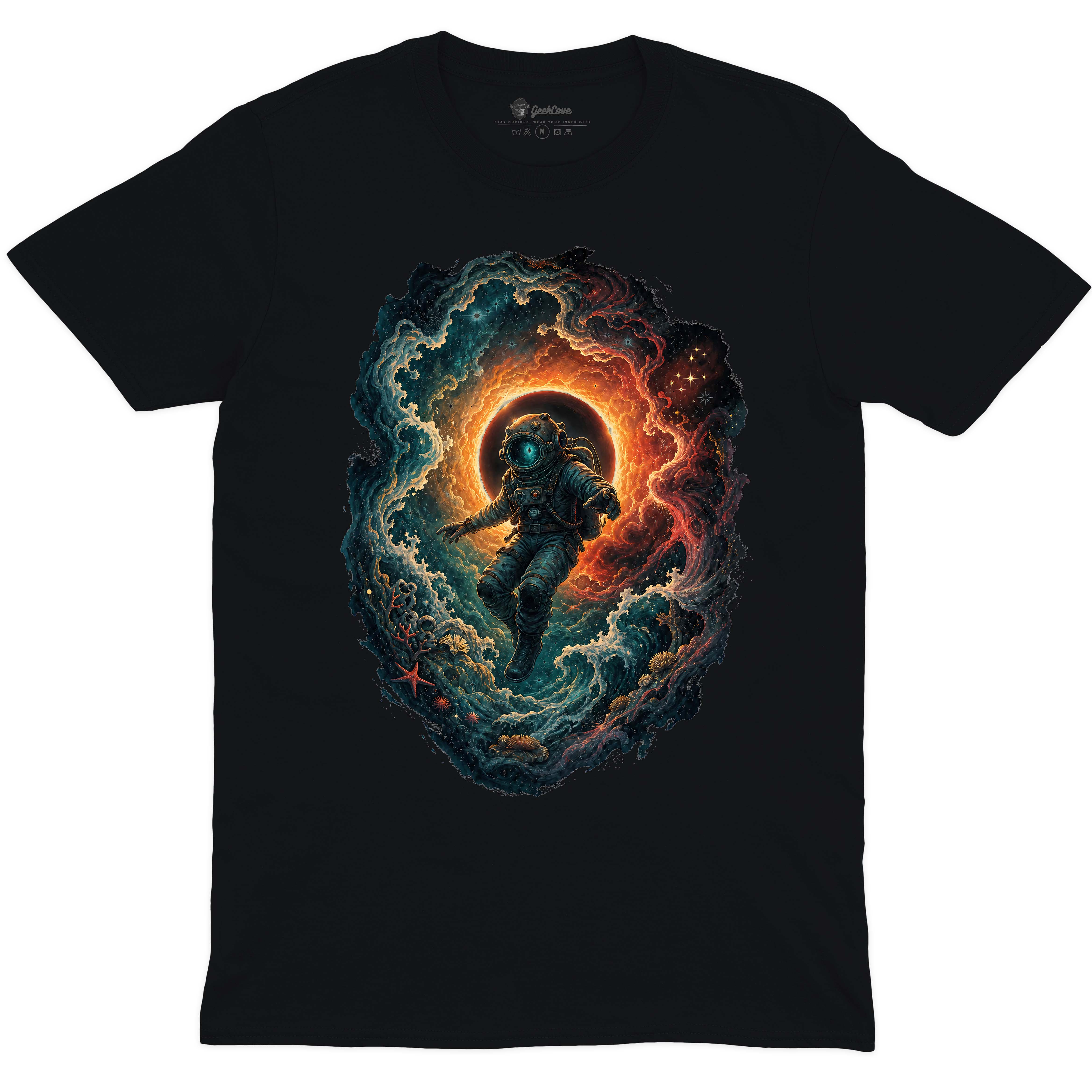 Nebula Tide Diver Crew Neck Tee - black shirt with cosmic ocean diver artwork