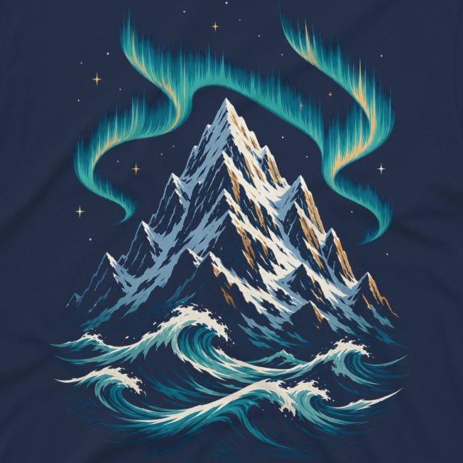 Northern Tide Peak Men’s Crew Neck Tee artwork close-up - aurora mountain and ocean wave artwork
