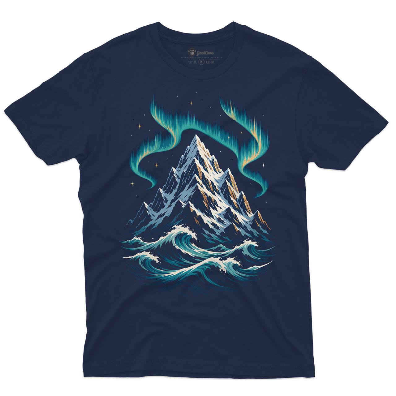 Northern Tide Peak Men’s Crew Neck Tee - navy shirt with aurora mountain and ocean wave artwork