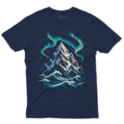 Northern Tide Peak Men’s Crew Neck Tee - navy shirt with aurora mountain and ocean wave artwork