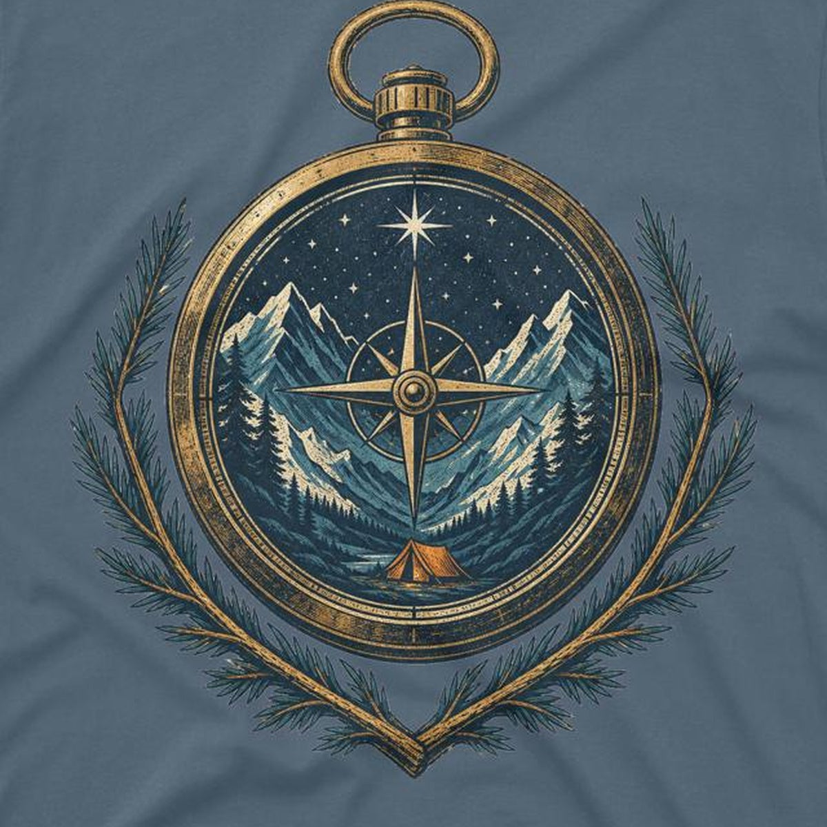 Close-up of mountain compass shirt artwork on cotton fabric