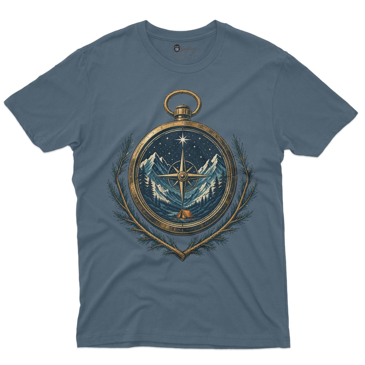 Northstar Compass Men’s Crew Neck Tee in Indigo Blue with original mountain compass shirt artwork