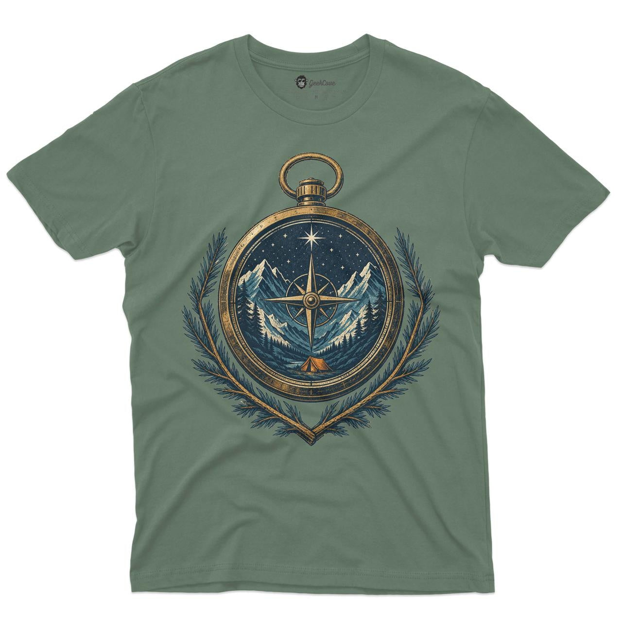 Northstar Compass Men’s Crew Neck Tee in Military Green with original mountain compass shirt artwork