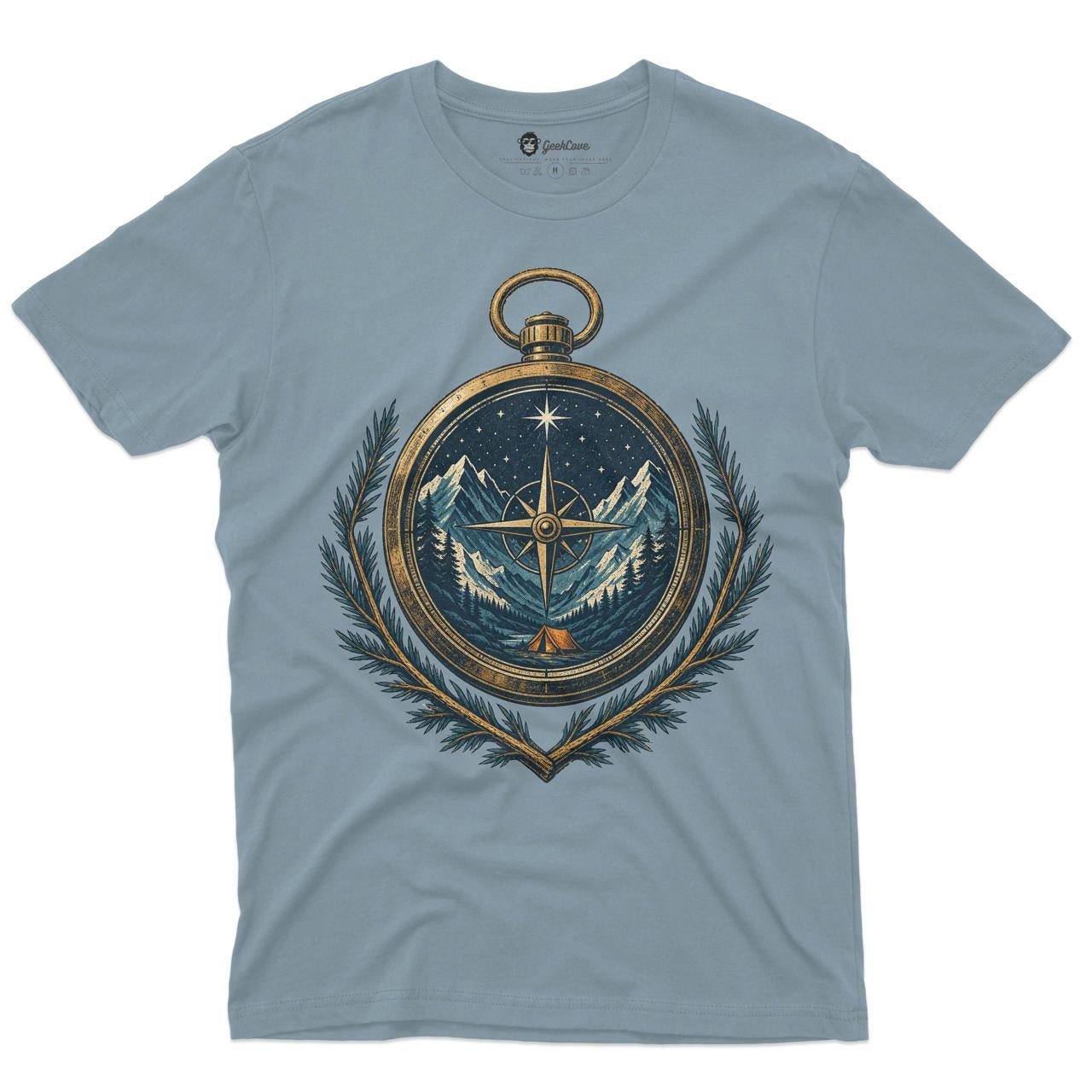Northstar Compass Men’s Crew Neck Tee in Stone Blue with original mountain compass shirt artwork