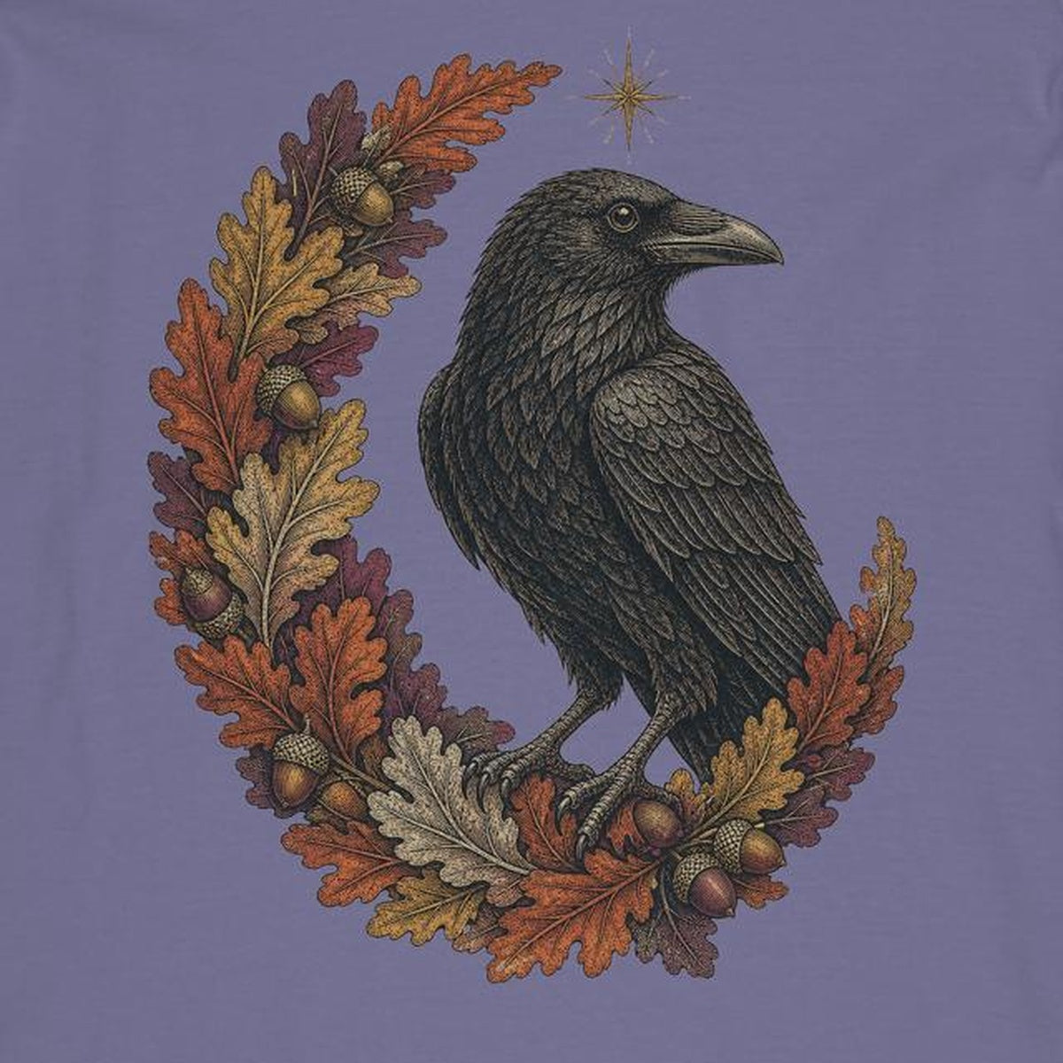 Close-up of autumn raven shirt artwork on cotton fabric