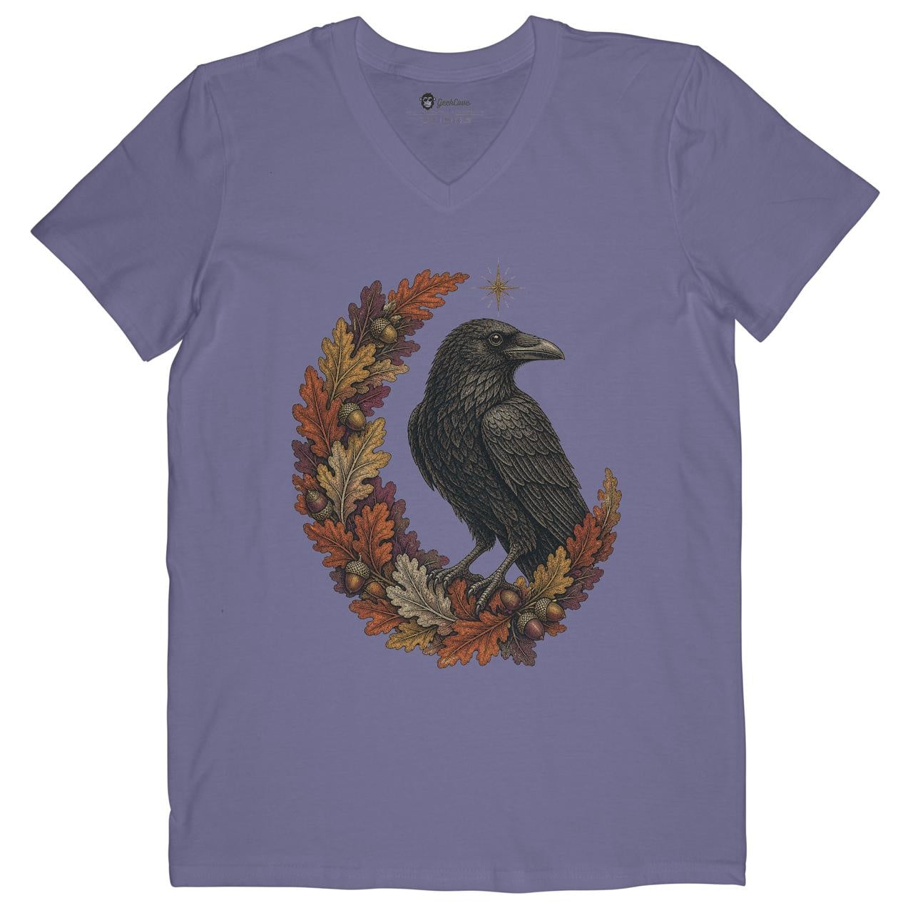Oak Crescent Raven Women’s Vee Neck Tee in Violet with original autumn raven shirt artwork