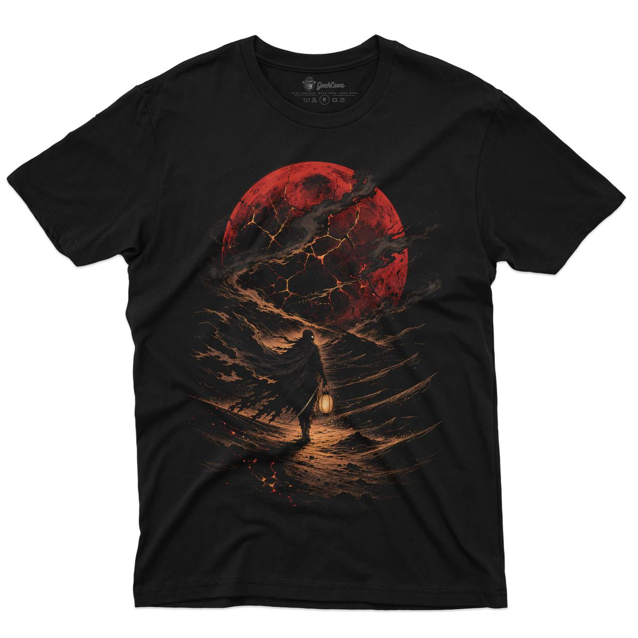 Obsidian Lantern Wanderer men’s black crew neck tee with cracked crimson moon and lantern traveler artwork