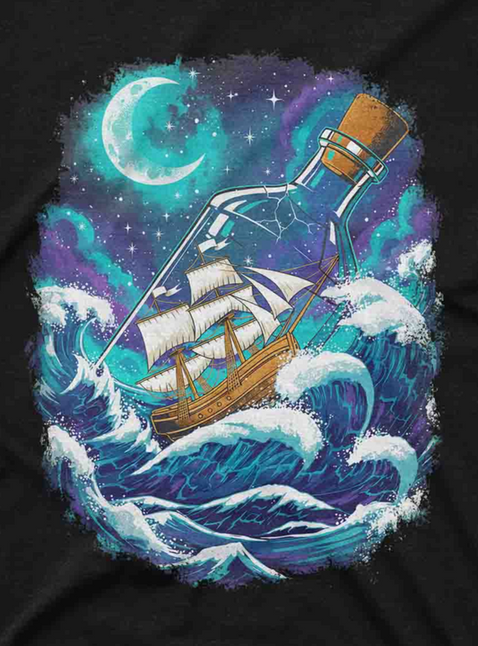 detailed moonlit sea graphic tee with ship in bottle and crashing waves