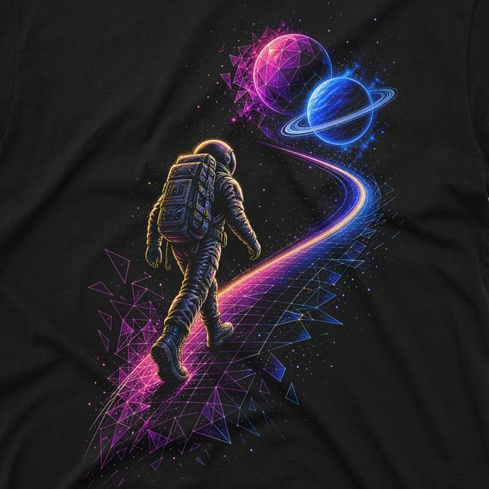 Orbit Walker Men’s Crew Neck Tee artwork close-up - neon astronaut orbit and planet artwork