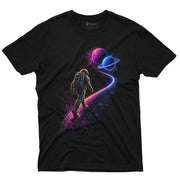 Orbit Walker Men’s Crew Neck Tee - black shirt with neon astronaut orbit and planet artwork