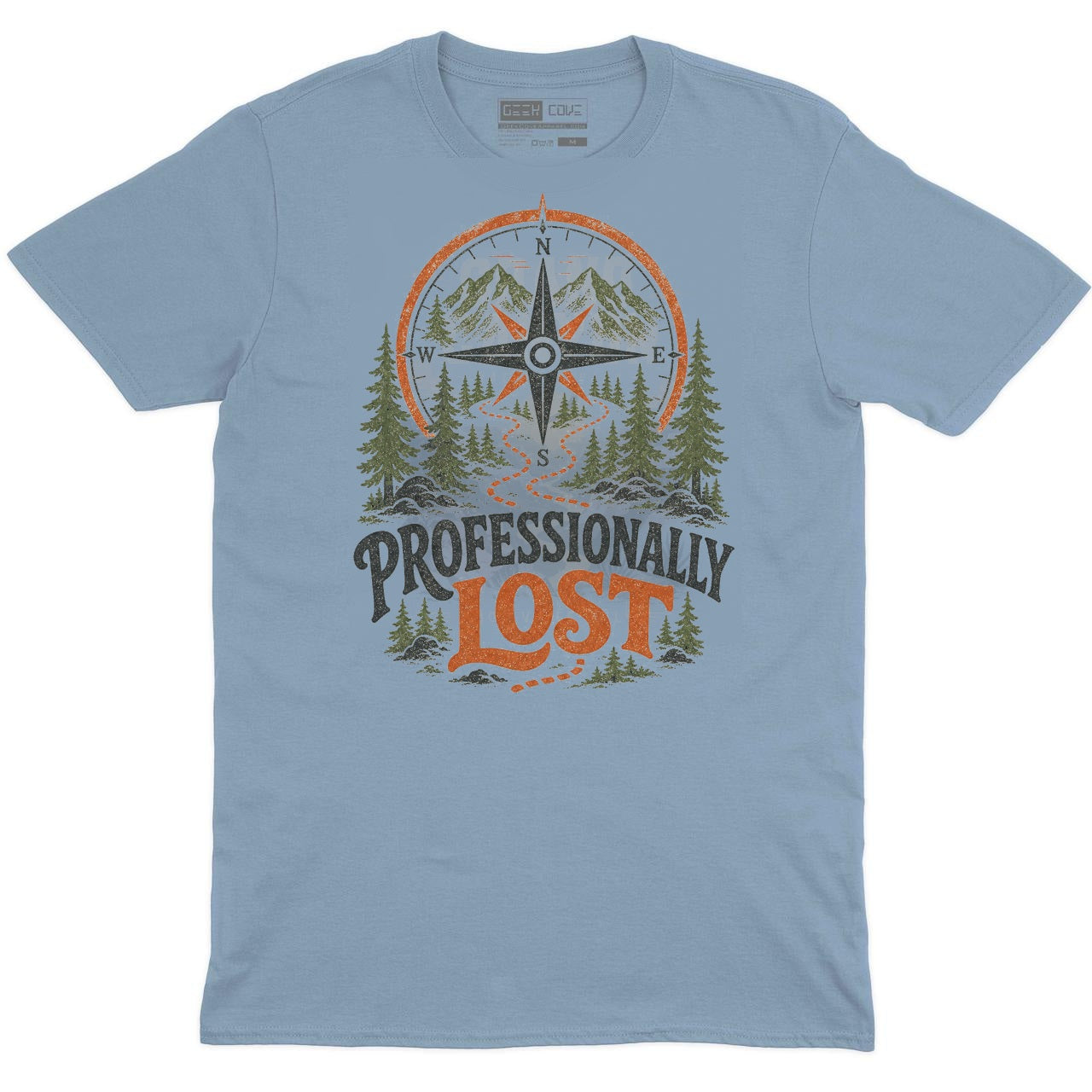 Professionally Lost outdoor crew neck tee in light blue with forest trail adventure graphic