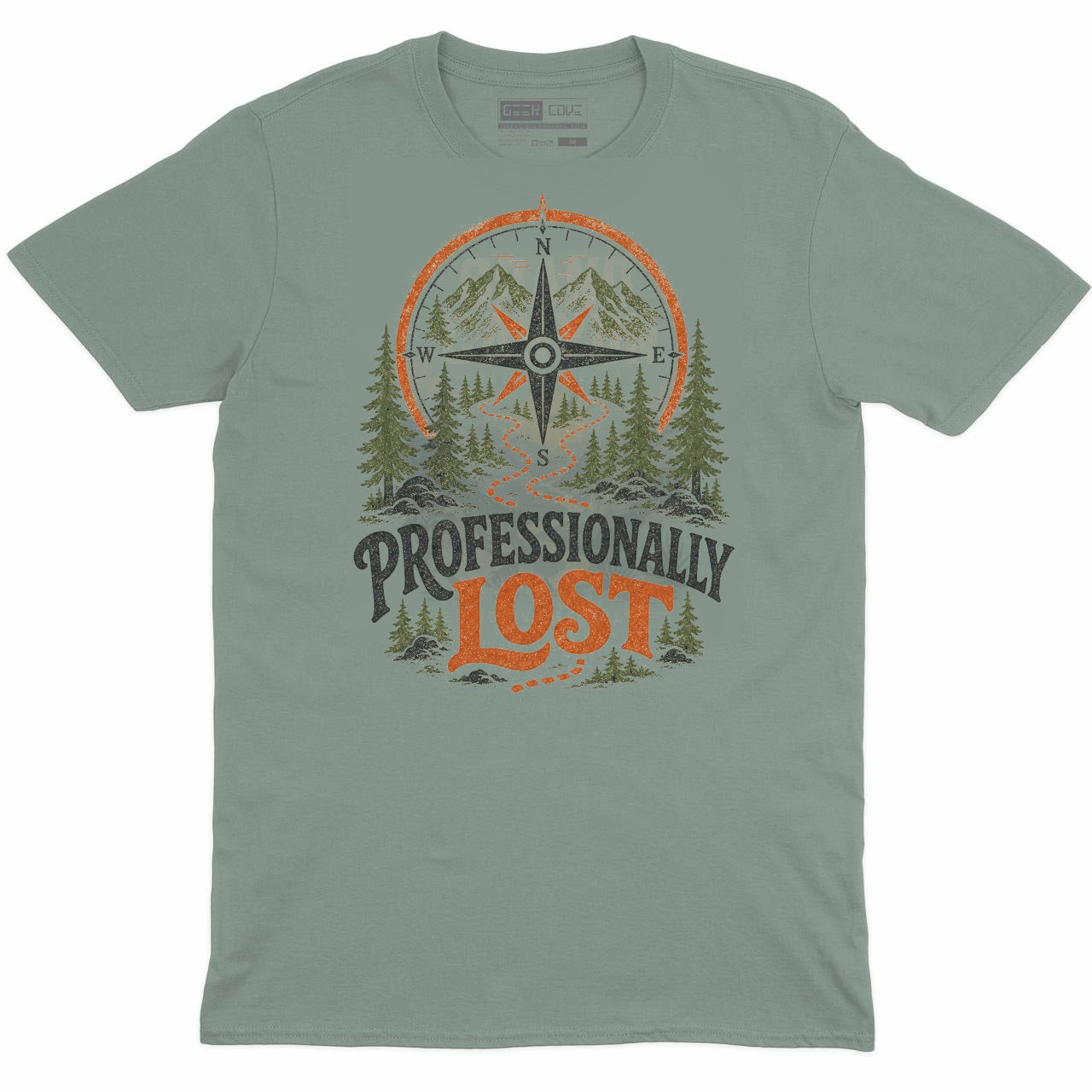 Professionally Lost outdoor crew neck tee in sage green with compass mountain hiking design