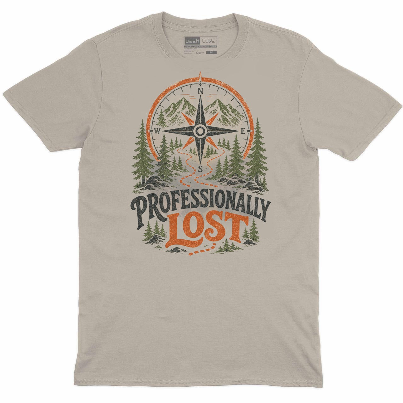 Professionally Lost outdoor crew neck tee in sand with vintage compass mountain hiking artwork