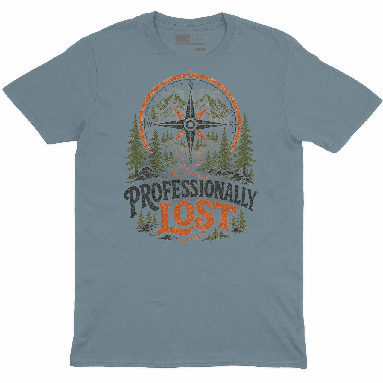 Professionally Lost outdoor crew neck tee in stone blue with outdoor camping trail artwork