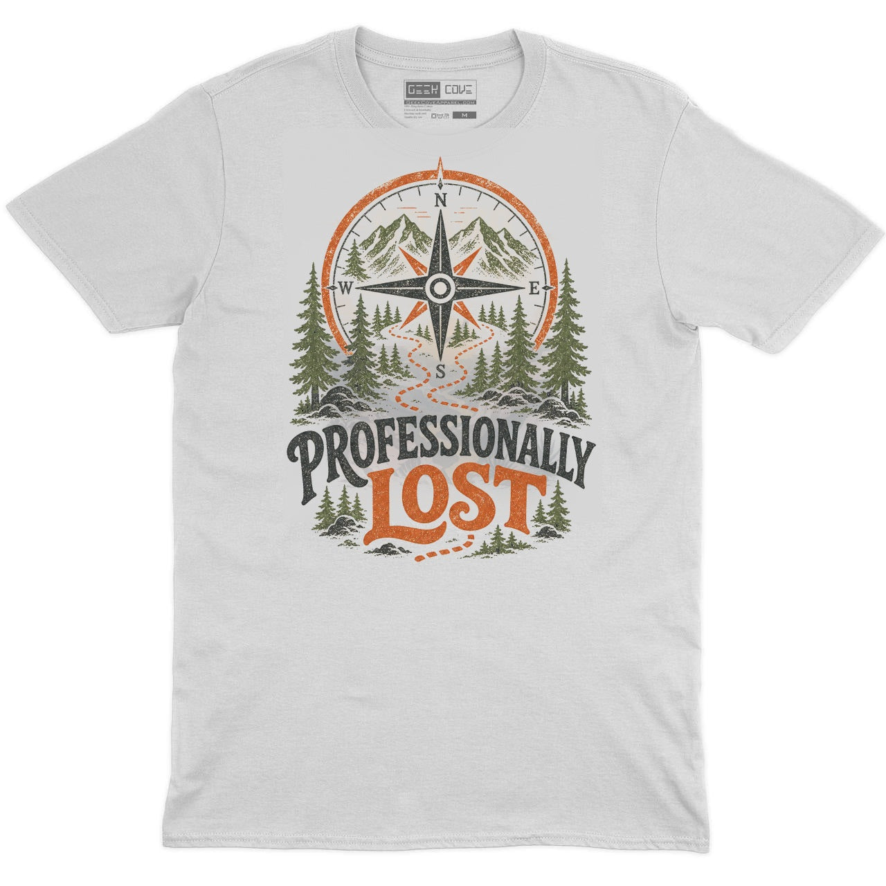 Professionally Lost outdoor crew neck tee in white with compass mountain hiking graphic