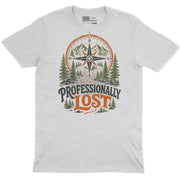 Professionally Lost outdoor crew neck tee in white with compass mountain hiking graphic