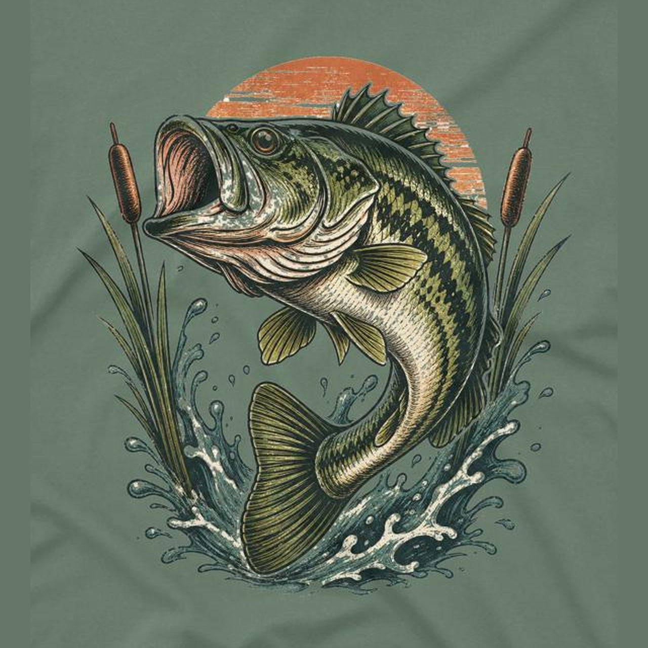 Close-up of vintage bass fishing graphic tee artwork on cotton fabric