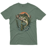 Sunset Strike Bass Fishing Men’s Crew Neck Tee in Military Green with original vintage bass fishing graphic tee artwork