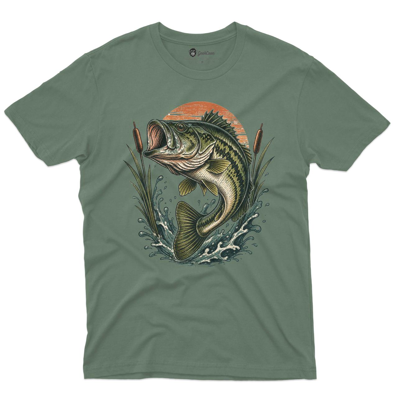 Sunset Strike Bass Fishing Men’s Crew Neck Tee in Military Green with original vintage bass fishing graphic tee artwork