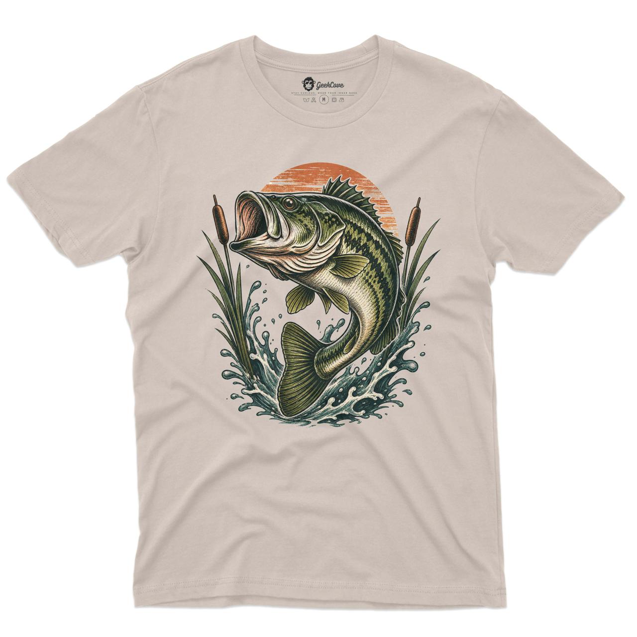 Sunset Strike Bass Fishing Men’s Crew Neck Tee in Sand with original vintage bass fishing graphic tee artwork