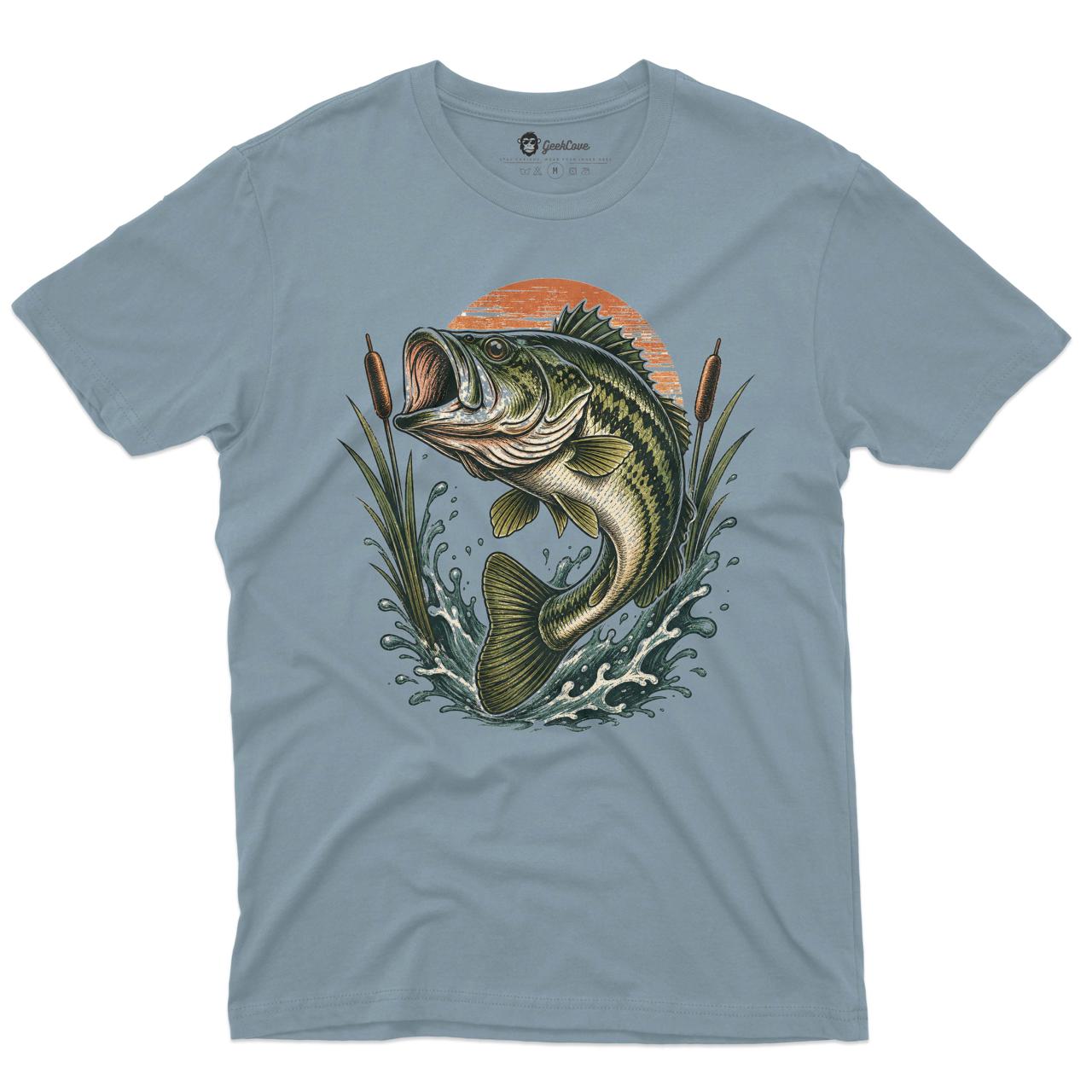 Sunset Strike Bass Fishing Men’s Crew Neck Tee in Stone Blue with original vintage bass fishing graphic tee artwork