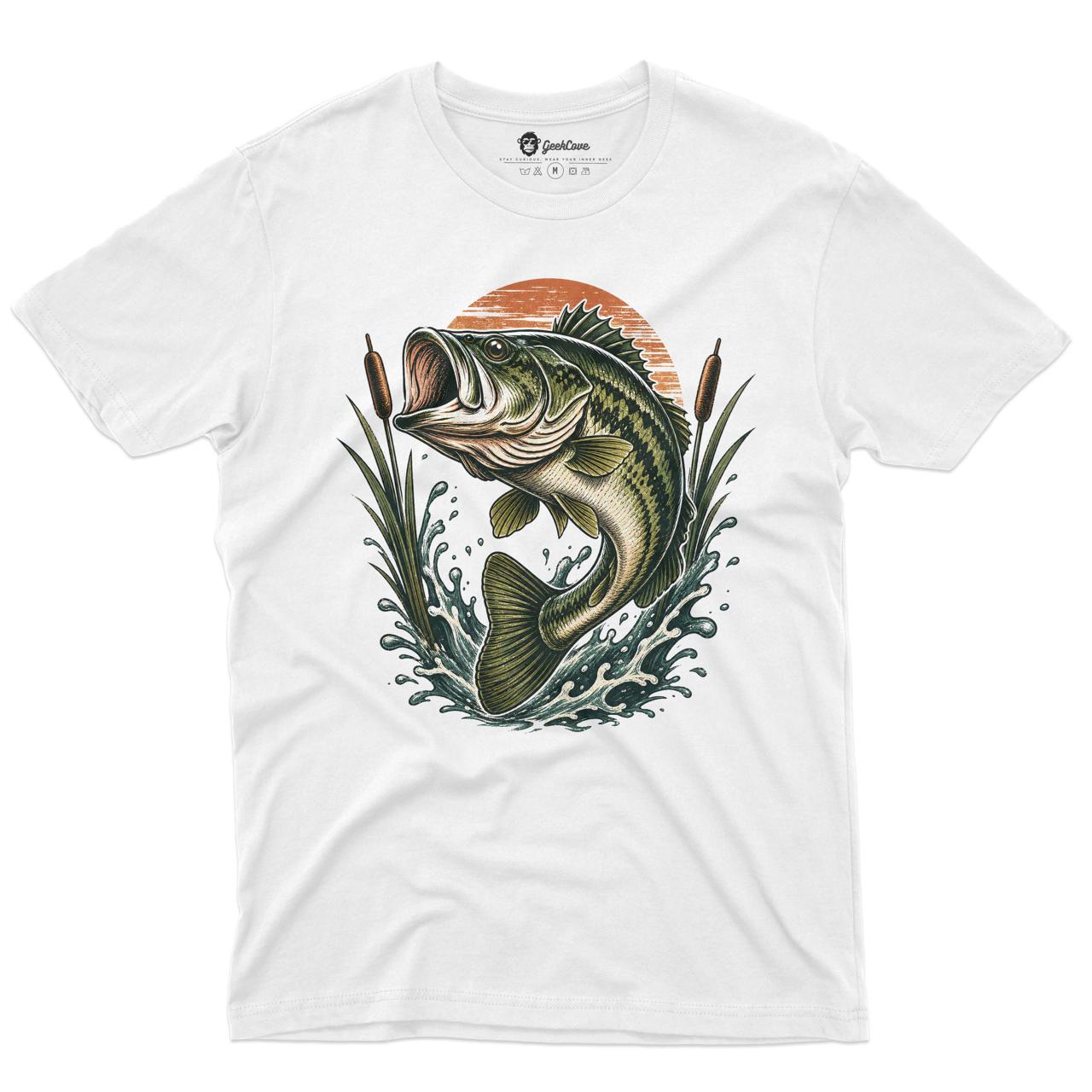 Sunset Strike Bass Fishing Men’s Crew Neck Tee in White with original vintage bass fishing graphic tee artwork