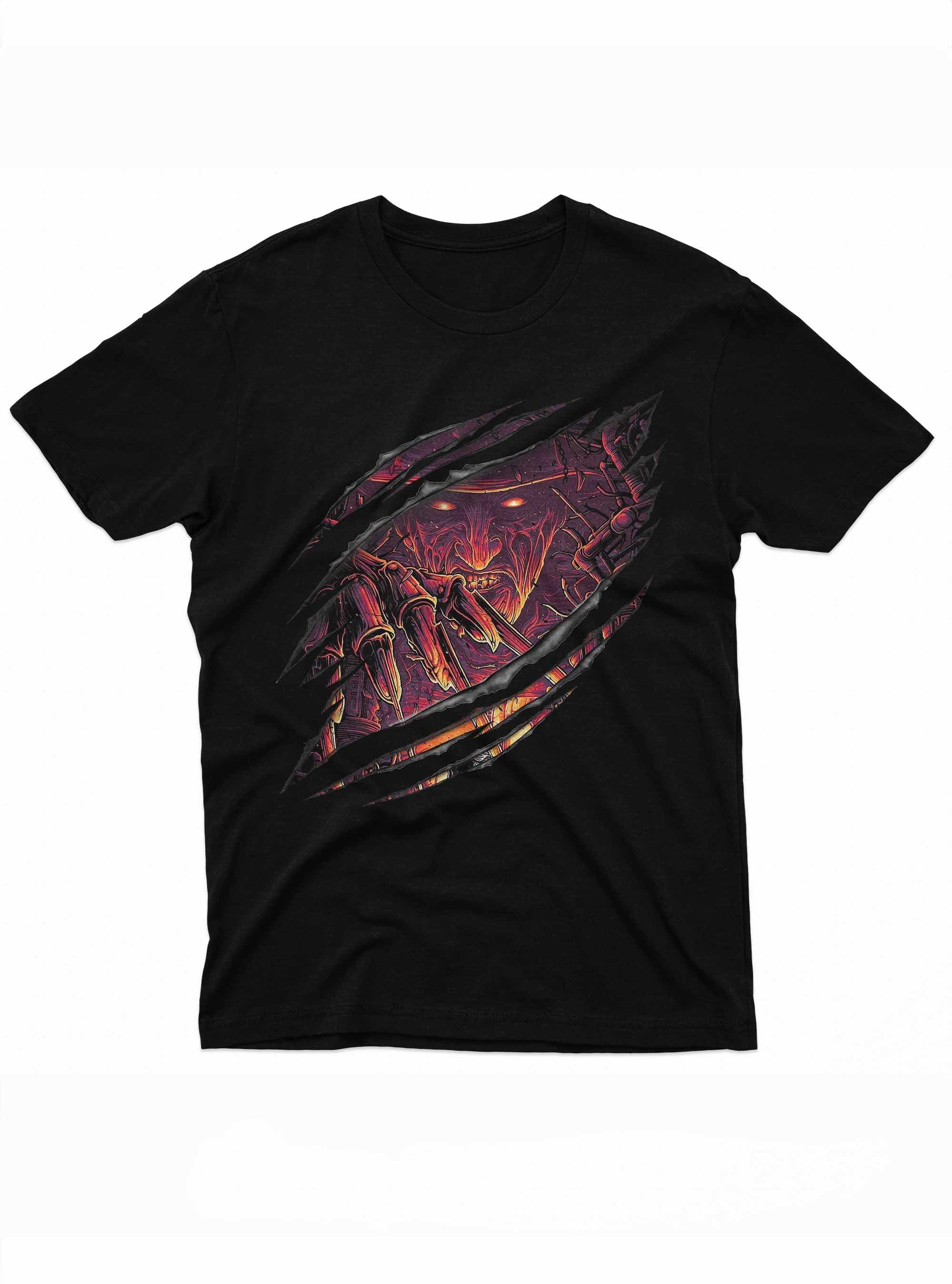 horror graphic tee featuring Freddy Krueger in ripped front art style for Halloween