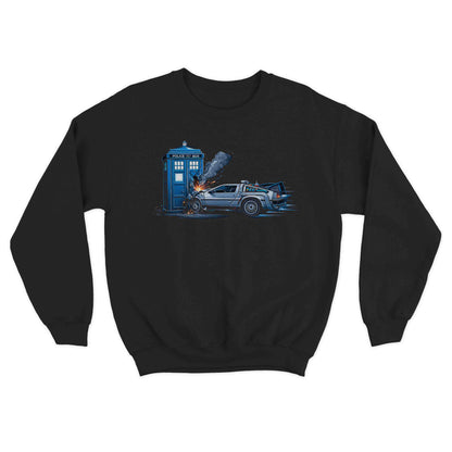 cozy sweater displaying artwork of a delorean colliding with a blue police box
