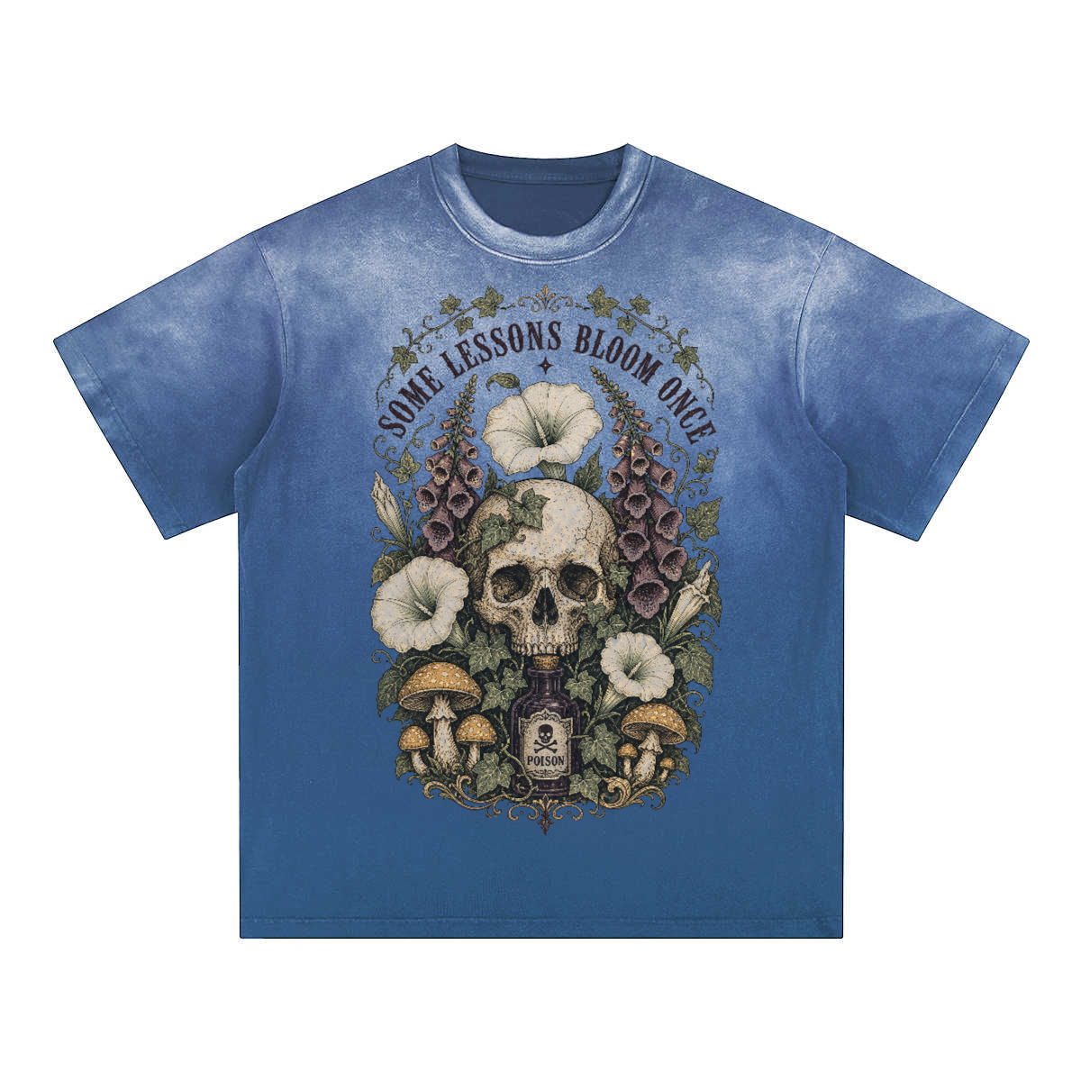 Some Lessons Bloom Once women’s graphic tee in Rose Red with botanical skull flower artwork