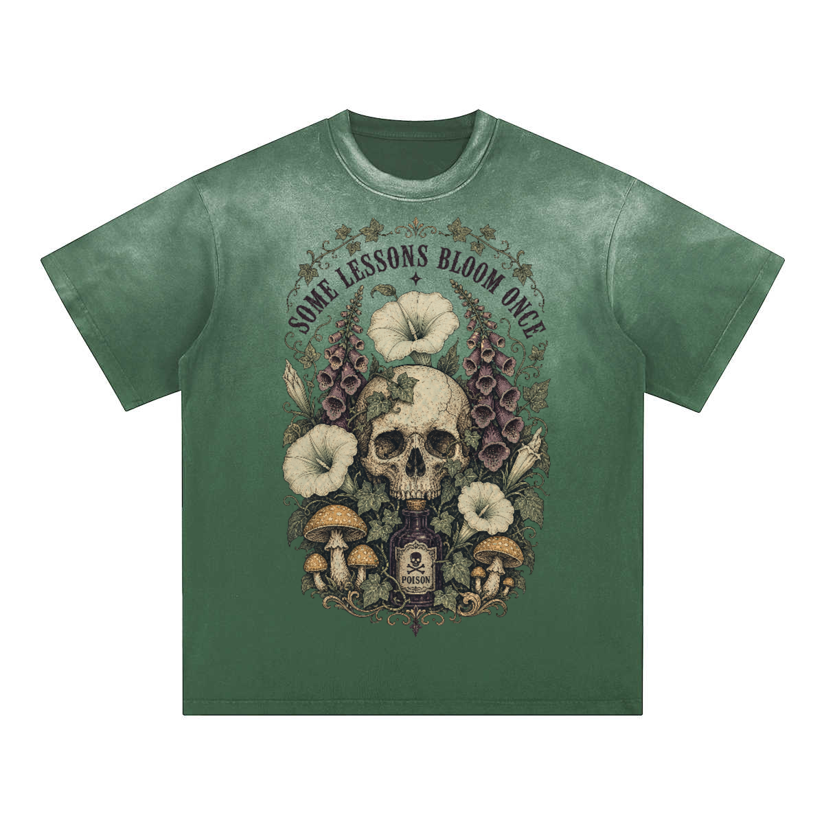 Some Lessons Bloom Once women’s graphic tee in Rose Red with botanical skull flower artwork