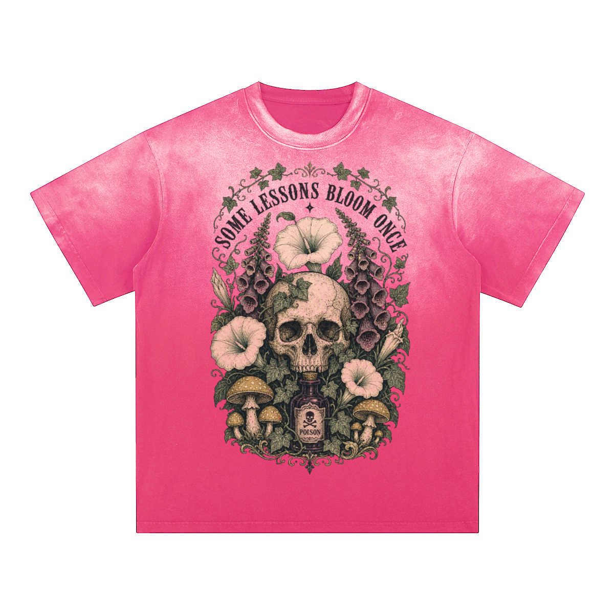 Some Lessons Bloom Once women’s graphic tee product mockup with botanical skull and flower artwork