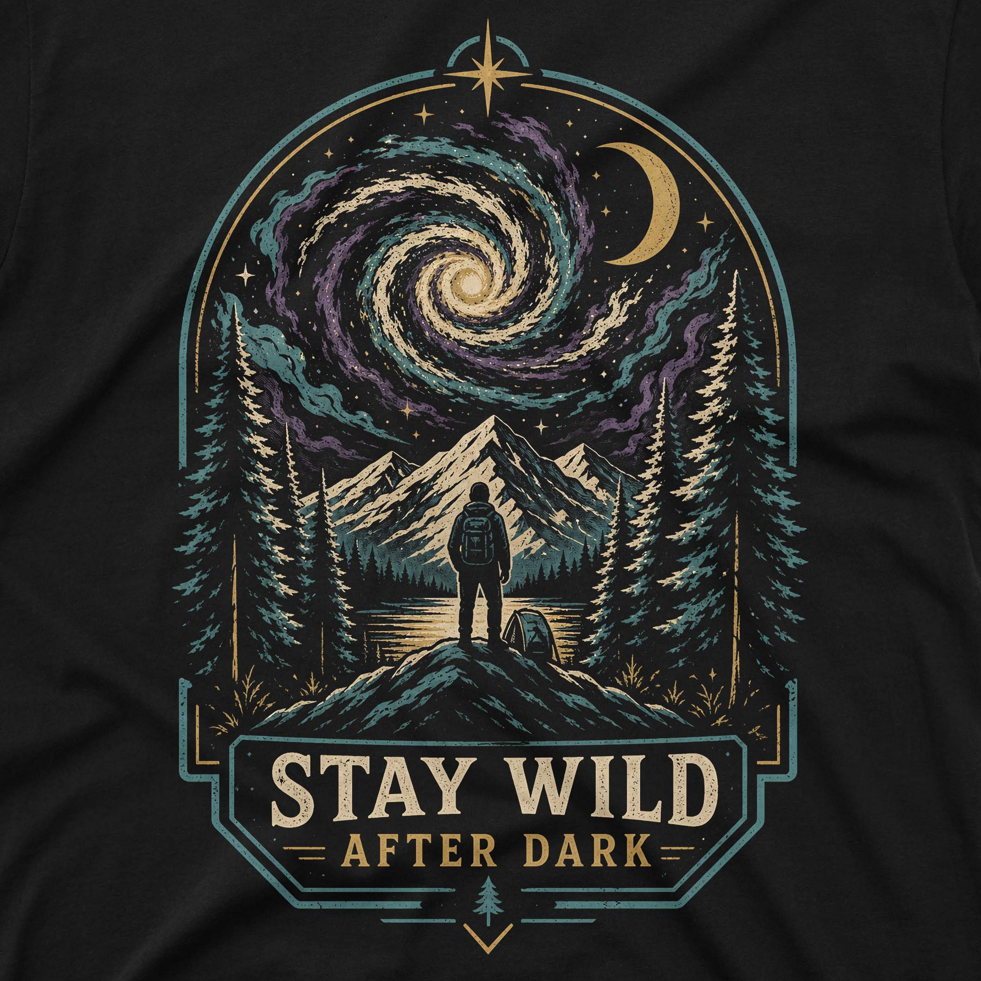 Stay Wild After Dark Outdoor Graphic Tee artwork close-up - cosmic outdoor mountain night artwork