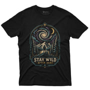 Stay Wild After Dark Outdoor Graphic Tee - black shirt with cosmic outdoor mountain night artwork