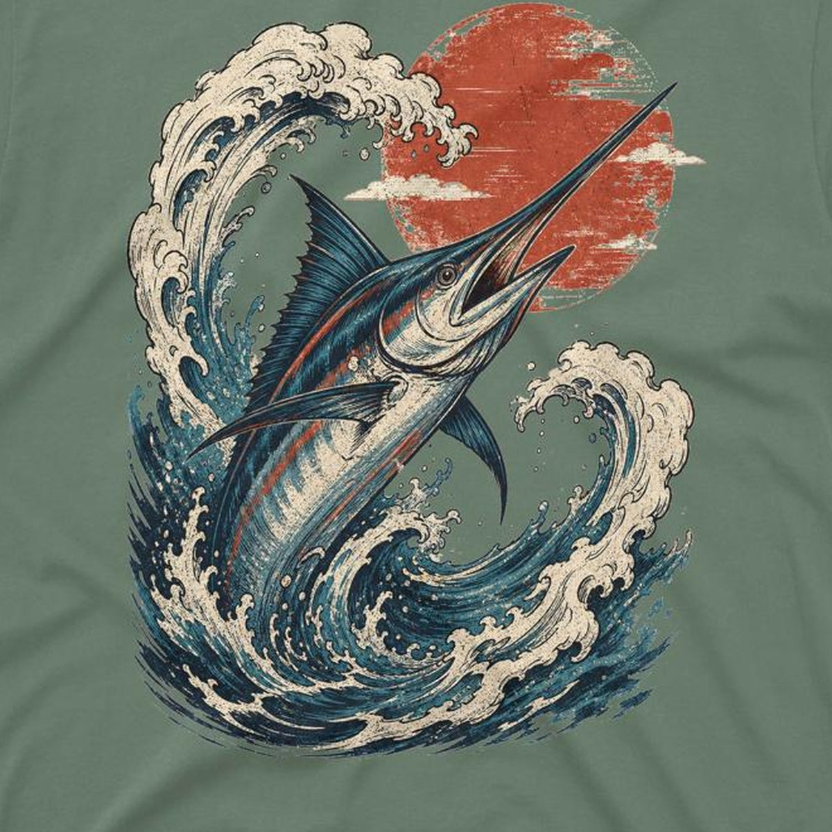 Close-up of marlin fishing shirt artwork on cotton fabric