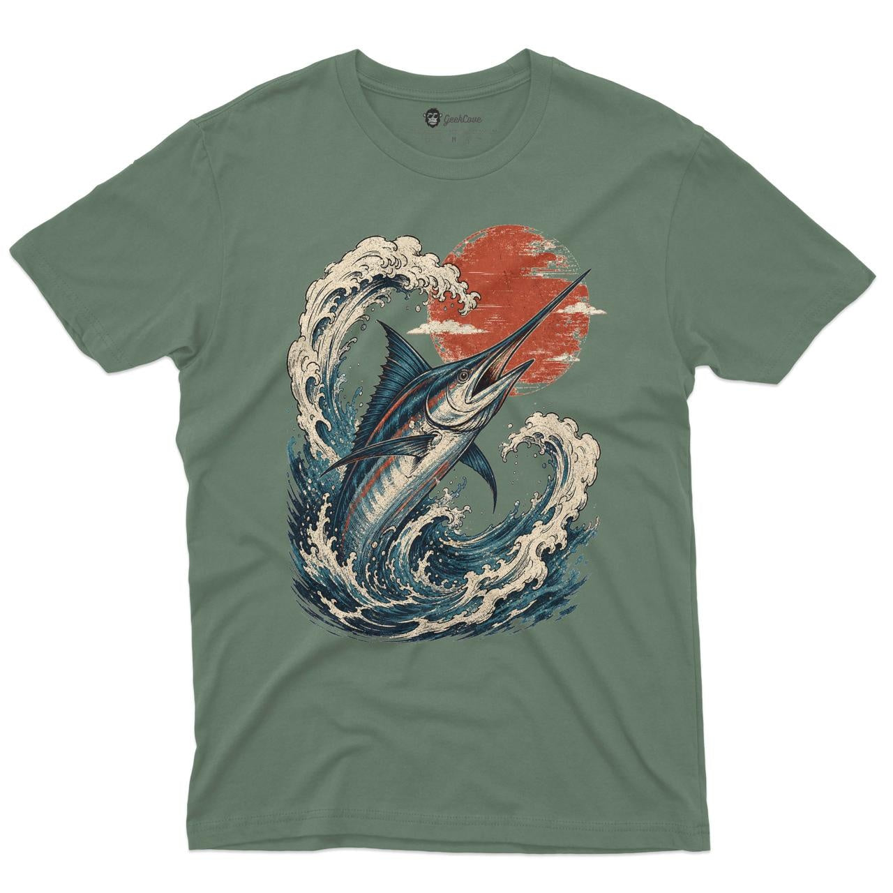 Stormbreak Marlin Men’s Crew Neck Tee in Military Green with original marlin fishing shirt artwork