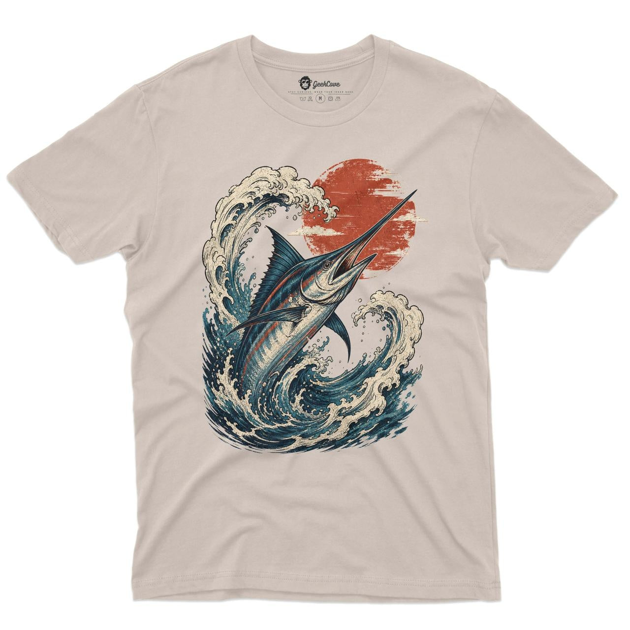 Stormbreak Marlin Men’s Crew Neck Tee in Sand with original marlin fishing shirt artwork