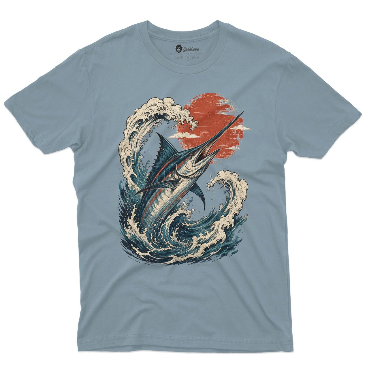 Stormbreak Marlin Men’s Crew Neck Tee in Stone Blue with original marlin fishing shirt artwork