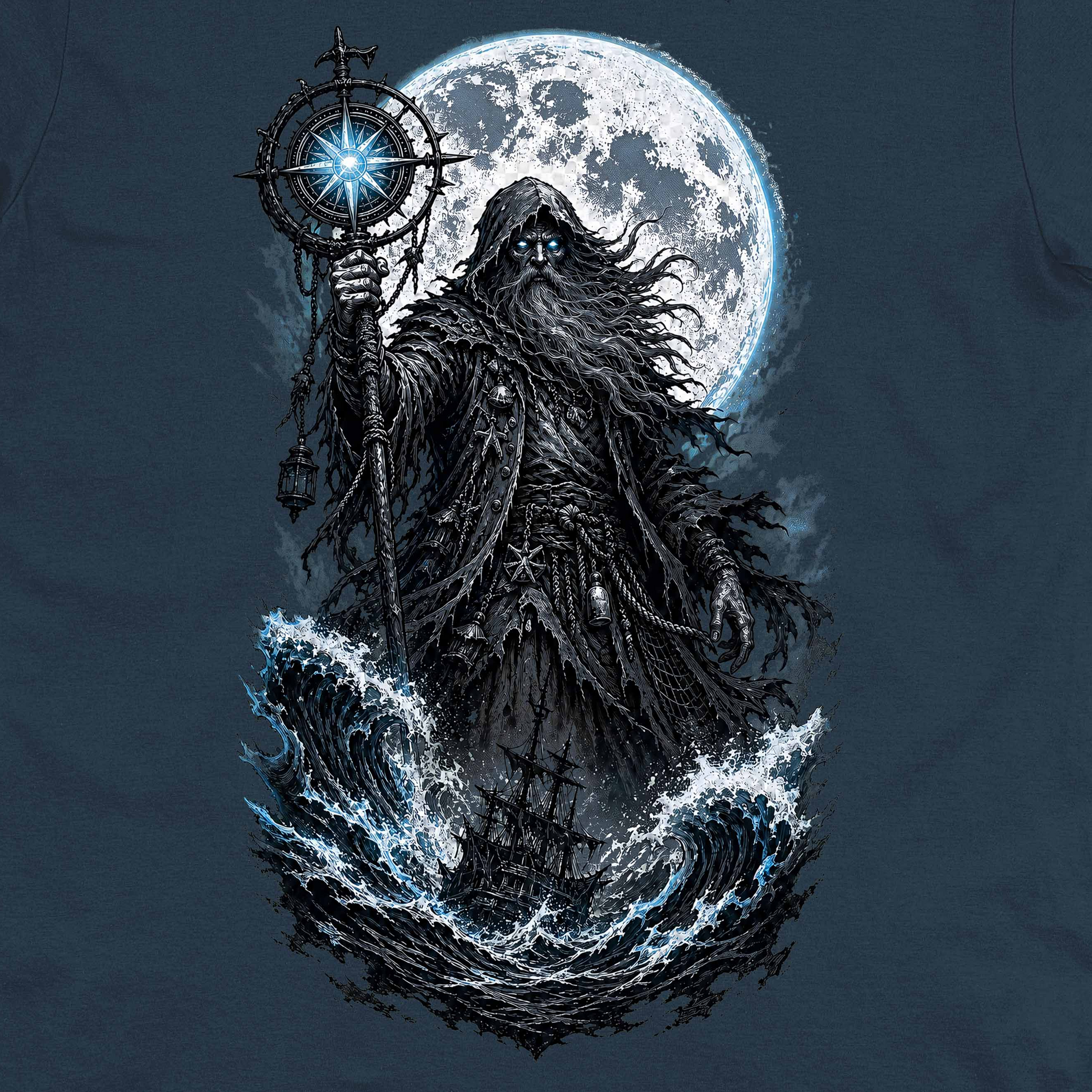 Stormtide Seer Crew Neck Tee artwork close-up - stormy ocean seer compass artwork