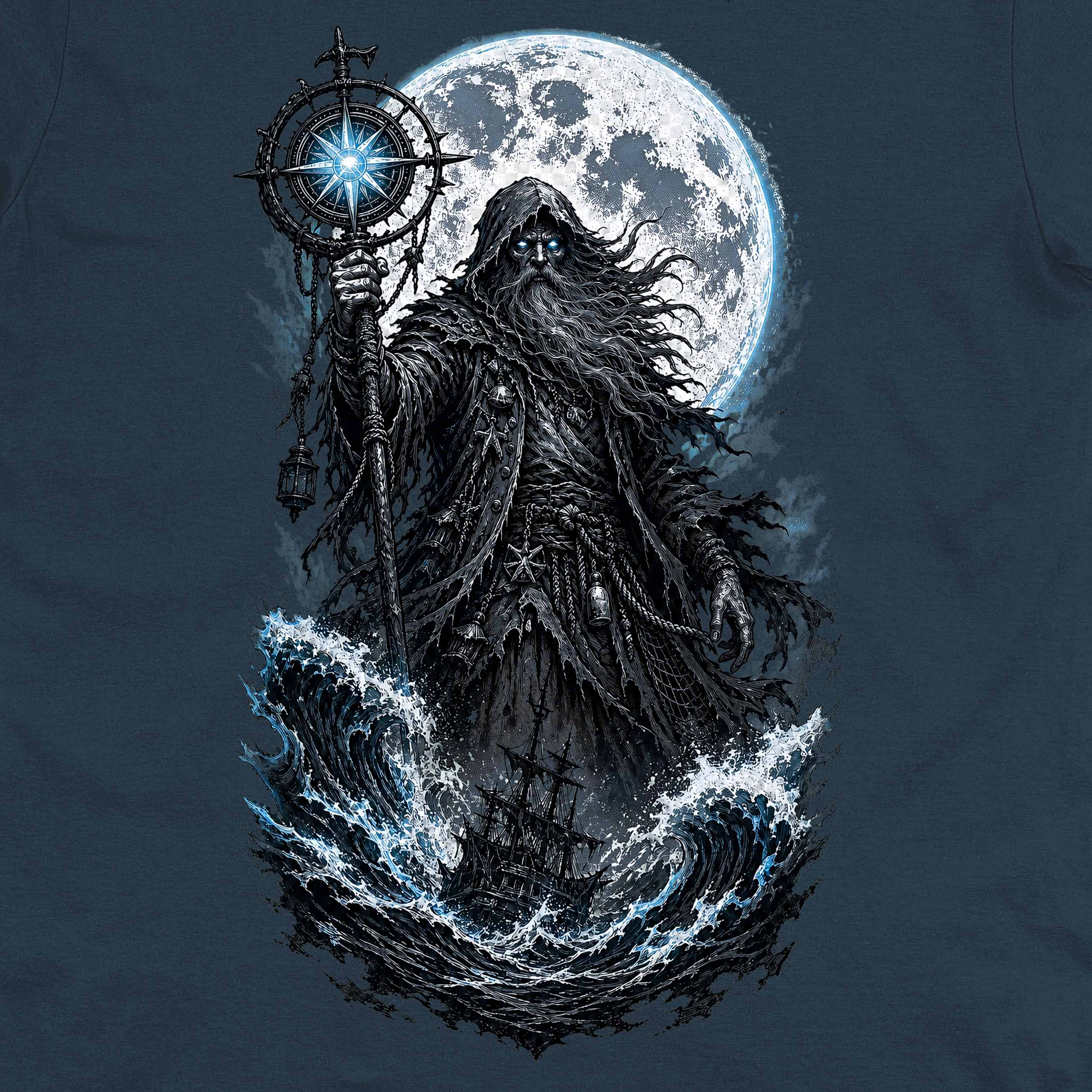 Stormtide Seer Crew Neck Tee artwork close-up - stormy ocean seer compass artwork