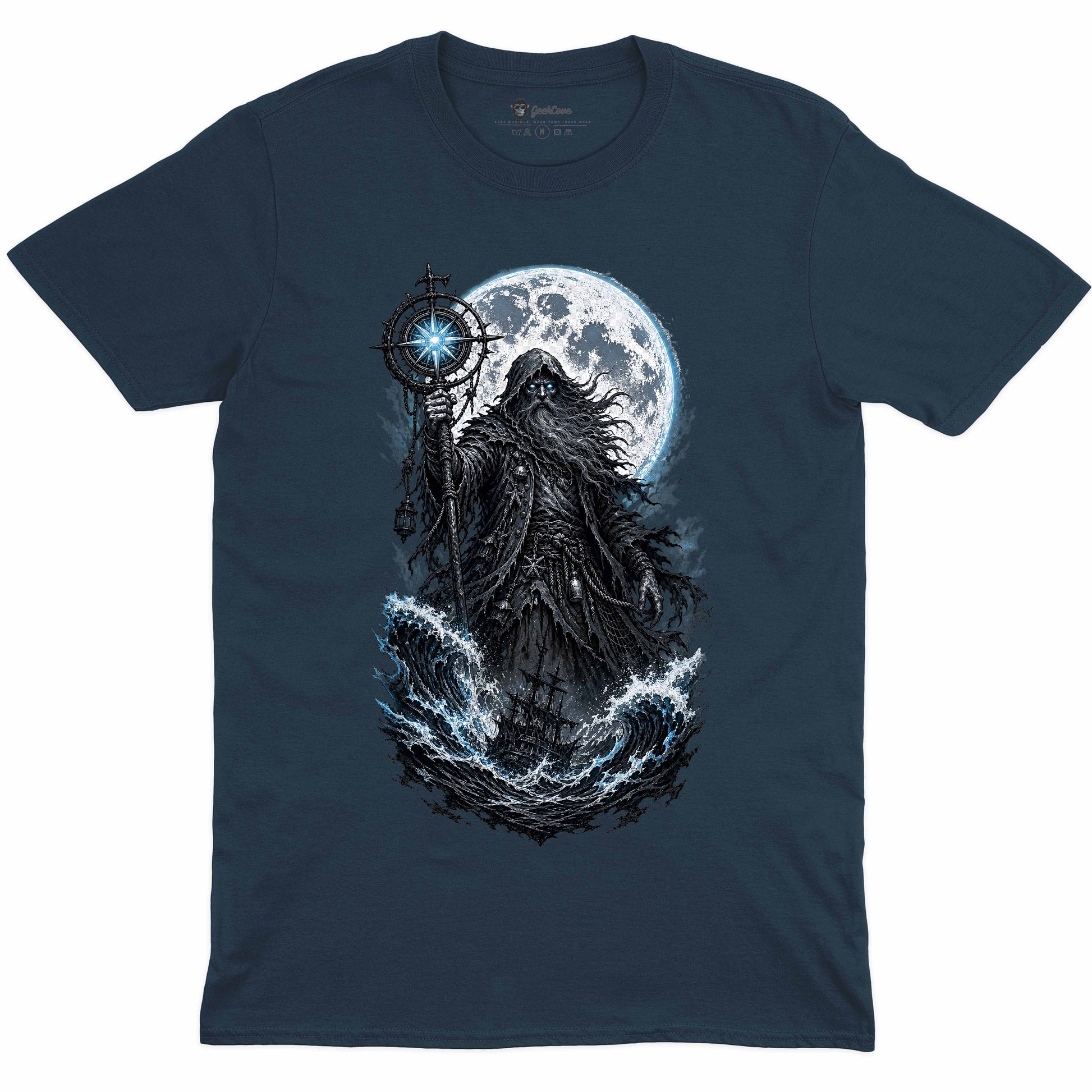 Stormtide Seer Crew Neck Tee - indigo blue shirt with stormy ocean seer compass artwork