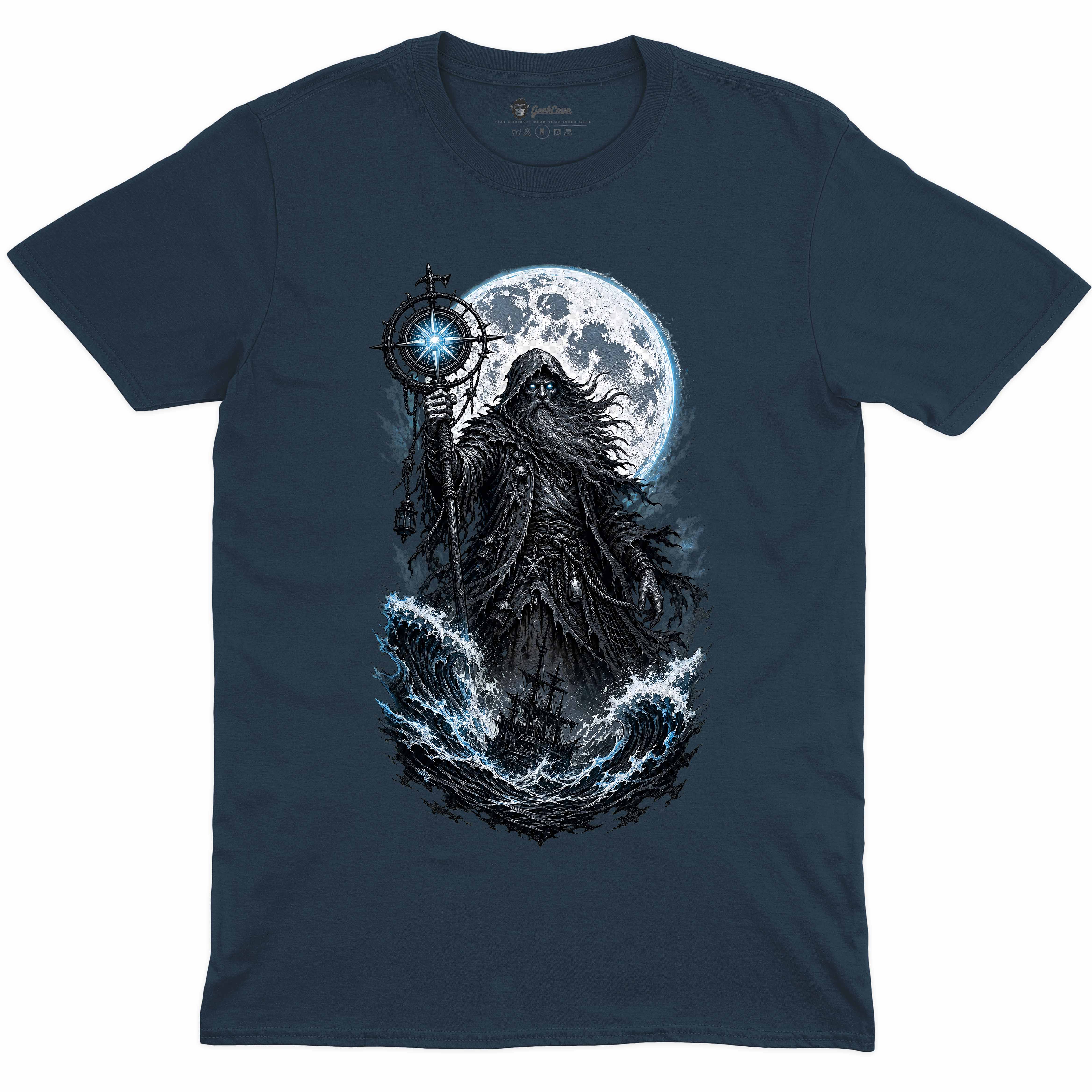 Stormtide Seer Crew Neck Tee - indigo blue shirt with stormy ocean seer compass artwork