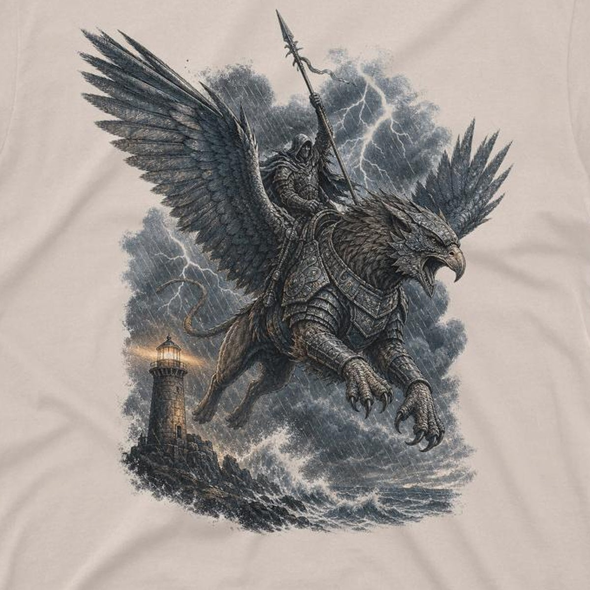 Close-up of storm griffin shirt artwork on cotton fabric