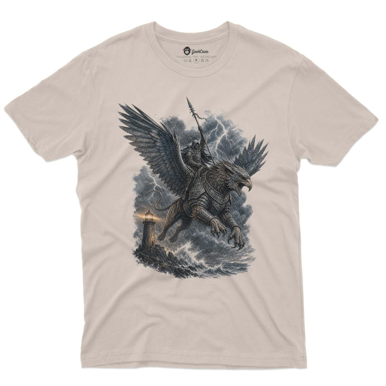 Stormwatch Griffin Men’s Crew Neck Tee in Sand with original storm griffin shirt artwork