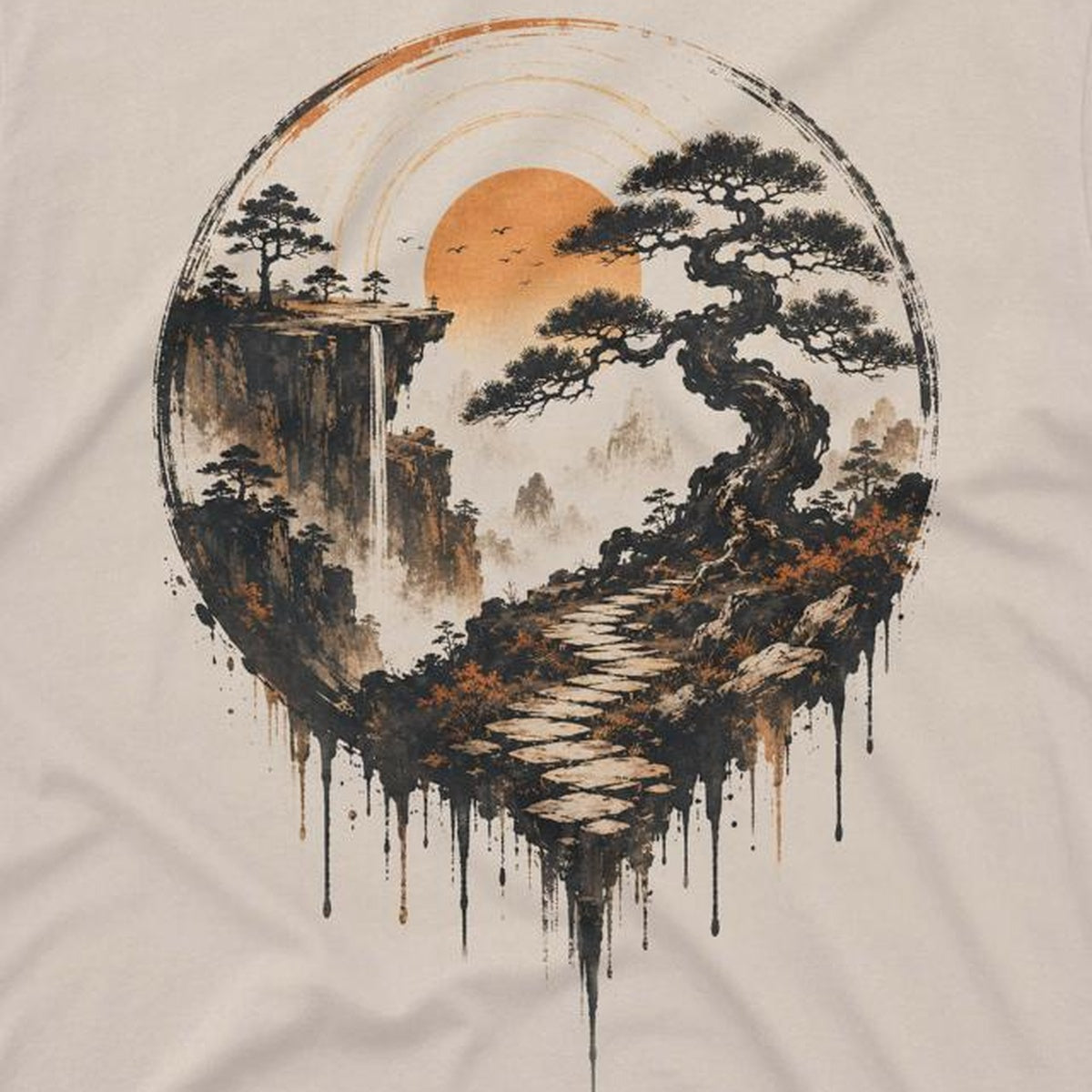 Close-up of bonsai landscape shirt artwork on cotton fabric