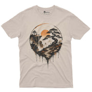 Sunset Bonsai Path Men’s Crew Neck Tee in Sand with original bonsai landscape shirt artwork